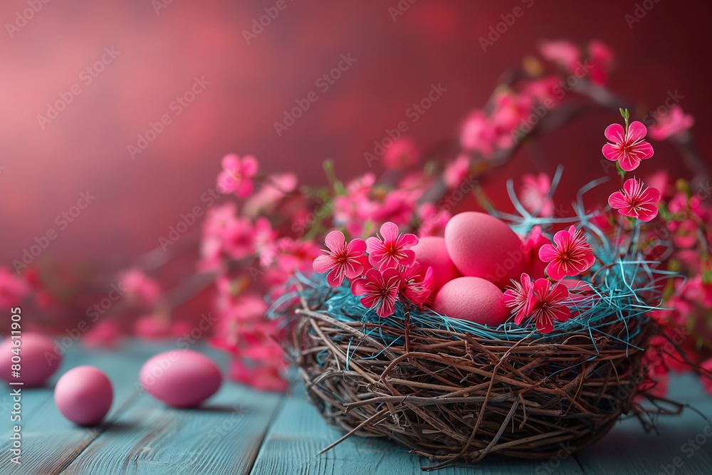 A beautiful fuchsia Easter motif with painted eggs in a nest and matching flowers. A beautiful fuchsia Easter motif with painted eggs in a nest and matching flowers.