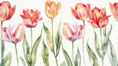 Flower pattern with tulips, pastel watercolor Illustration.