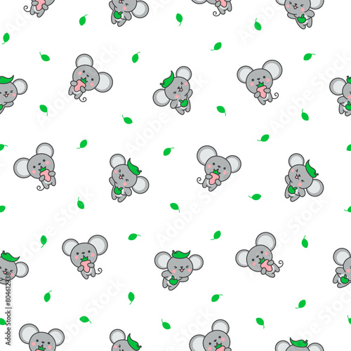 Cute kawaii mouse. Seamless pattern. Cartoon happy baby rat characters. Hand drawn style. Vector drawing. Design ornaments.