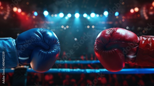 Red and blue gloves in boxing arena place for text.