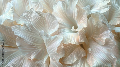 Pearlescent Petals Macro Background. An exquisite close-up of delicate white orchid petals, with iridescent hues and intricate patterns, reminiscent of pearls, embodying elegance and grace