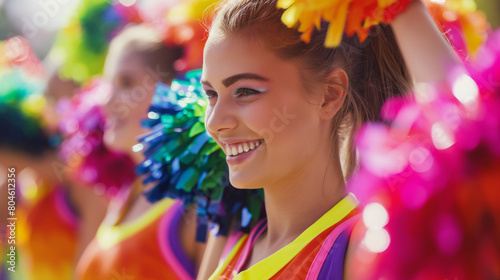 Close-up of cheerleaders in vibrant uniforms with pom-poms