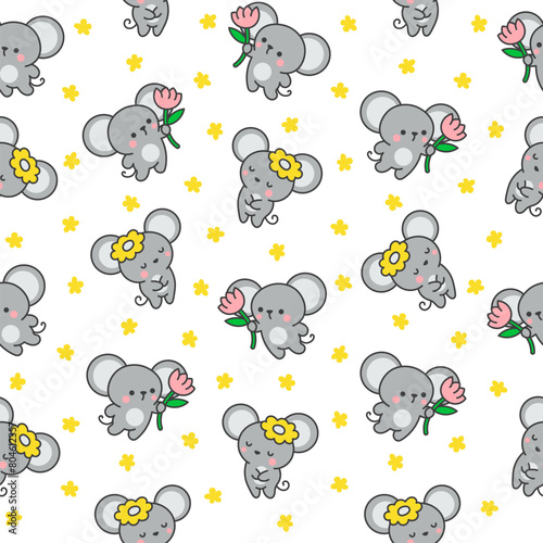 Cute kawaii mouse. Seamless pattern. Cartoon happy baby rat characters. Hand drawn style. Vector drawing. Design ornaments.