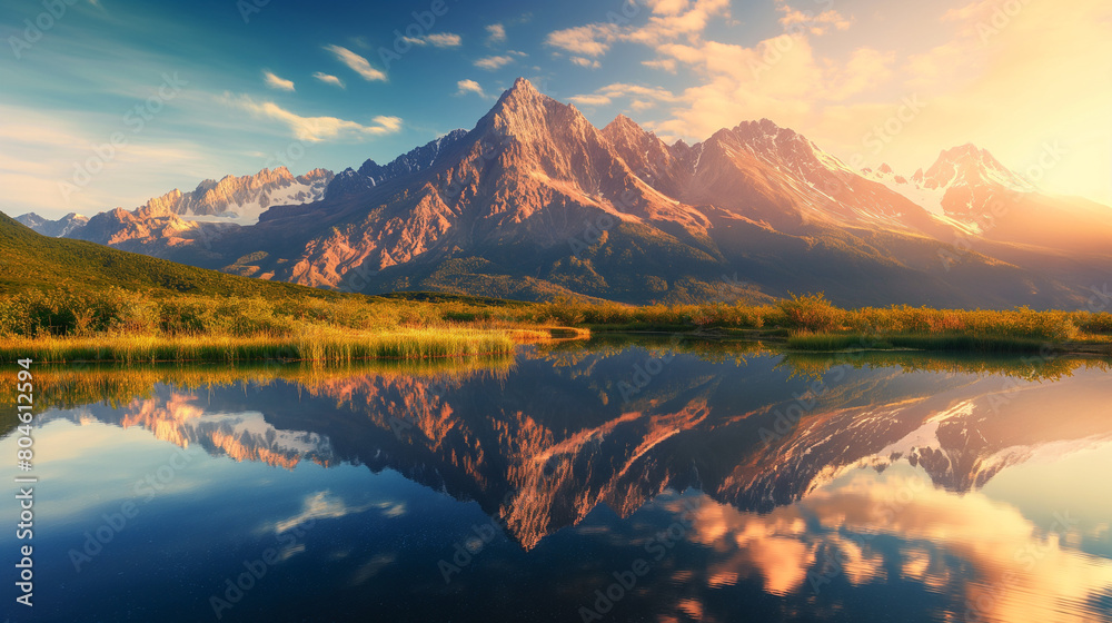 Fototapeta premium Majestic mountain scenery at sunrise, peaks bathed in golden light, reflecting the awe-inspiring beauty of nature