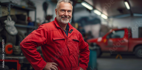 Portrait of a middle-aged mechanic in coveralls standing with hands on hips and smiling at the camera, in a car workshop background with soft light