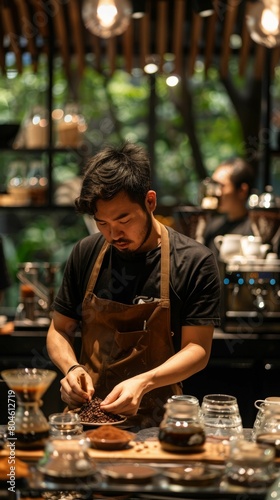 Barista Preparing Coffee Beans at Cafe