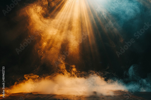 A stage enveloped in frosty white smoke abstract background under a deep amber spotlight  casting a warm glow against a dark background.
