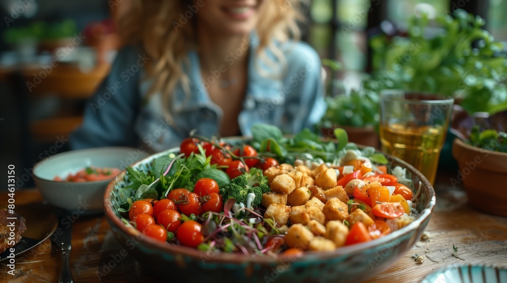 A woman sits at a rustic table with a beautiful vegan salad A woman sits at a rustic table with a beautiful vegan salad