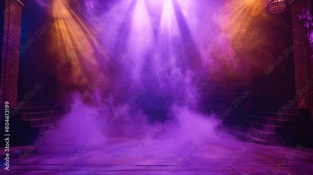 A stage shrouded in electric purple smoke under a golden amber spotlight, offering a mysterious, regal visual.