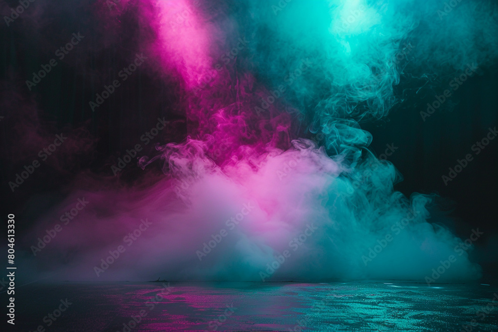 A stage with airy teal smoke illuminated by a hot pink spotlight, contrasting sharply against a dark background.