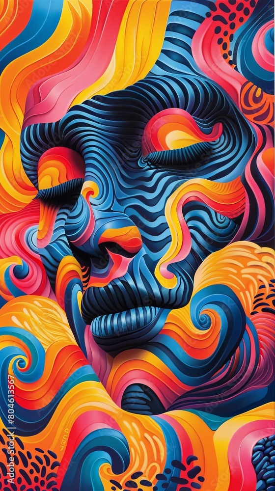 Painted with a multitude of swirling lines, a surreal portrait of a woman's face emerges in a dynamic array of vivid colors.