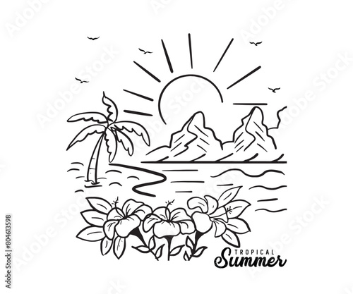 Tropical Summer beach wave with palm trees, mountains and sunset for t shirt print. Stylized vector of a tranquil seaside landscape for summer travel and vacation. graphic tee for surf up summer time.