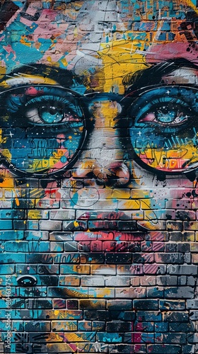 Vivid splashes of color adorn a fragmented urban art piece showcasing sections of a female face, set against weathered wooden planks.