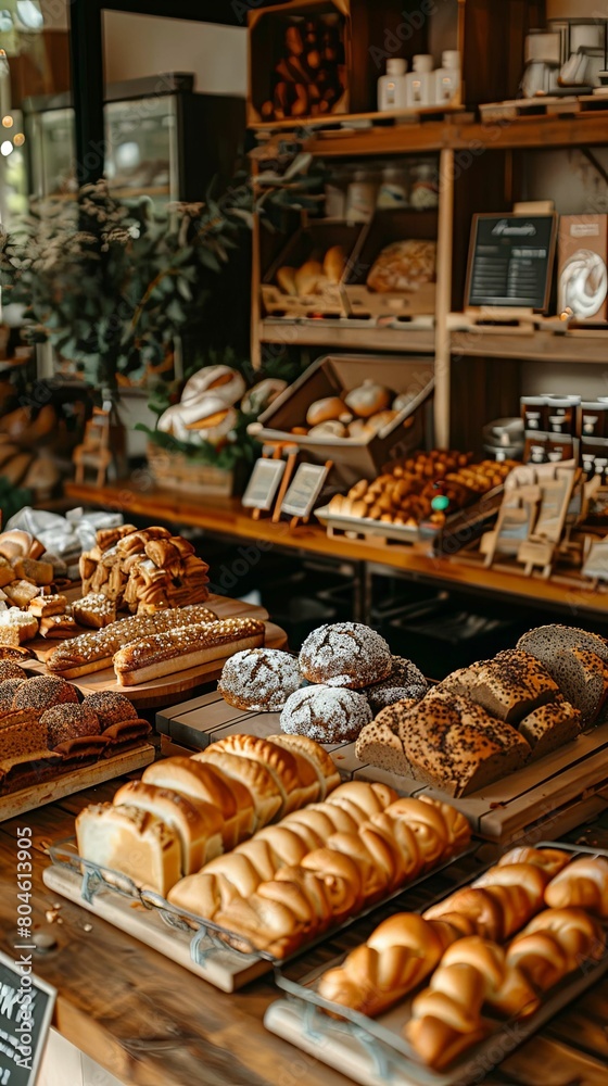 Crusty loaves and soft buns fill the warm and inviting bakery display, meticulously arranged in baskets and on shelves for customers to enjoy.