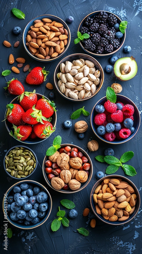 Assorted Berries and Nuts on Dark Surface Assorted Berries and Nuts on Dark Surface