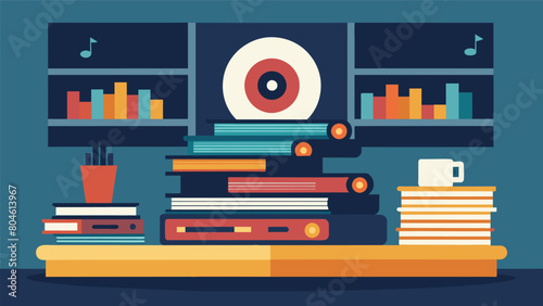 A stack of beautifully cleaned records waiting to be picked up by their owners at the music bar. Vector illustration