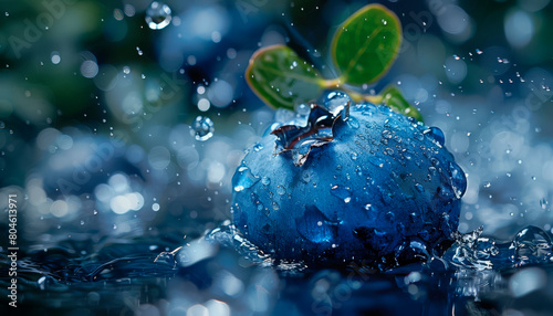 a blueberry being sprayed with water, with droplets clinging to its surface and the fruit bouncing photo