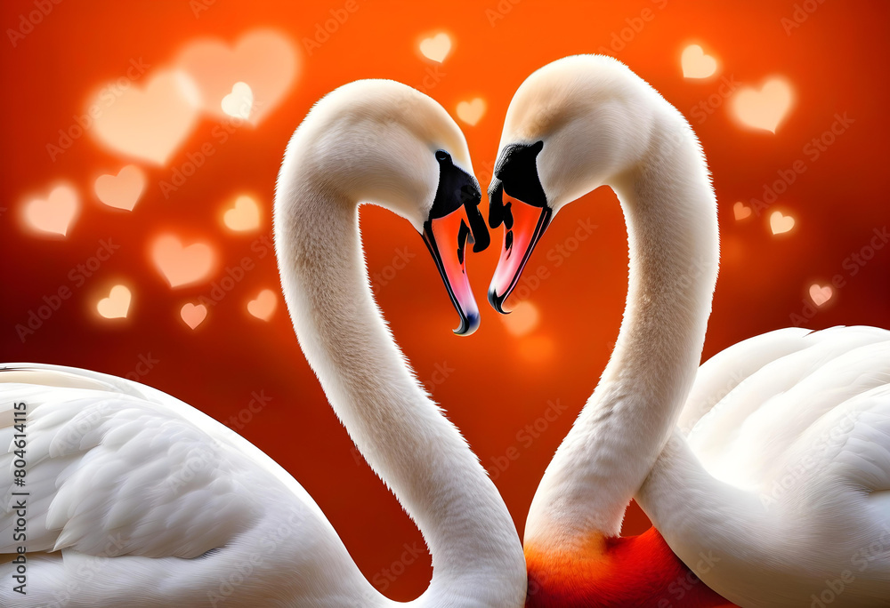 Obraz premium Two white swans forming a heart shape with their necks on a dark orange-red background
