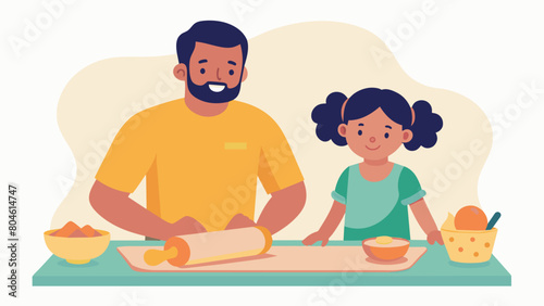 A father and daughter bond over rolling out dough for peach cobbler a dessert that symbolizes the sweetness of freedom and independence.. Vector illustration