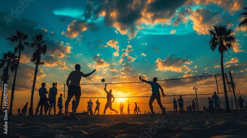 A beach volleyball game at sunset, players in mid-air hitting a volleyball, the setting sun creating a silhouette effect