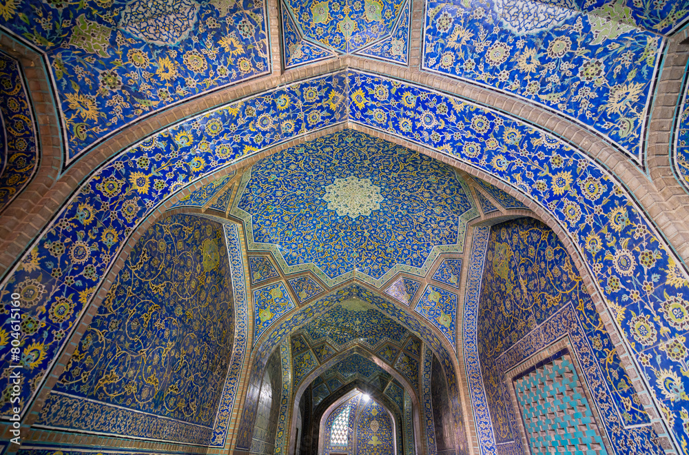 Sheikh Lotfollah Mosque, Isfahan, Iran - March 5, 2024: The mosque's intricate Islamic tiles showcase the grandeur of Safavid-era architecture.