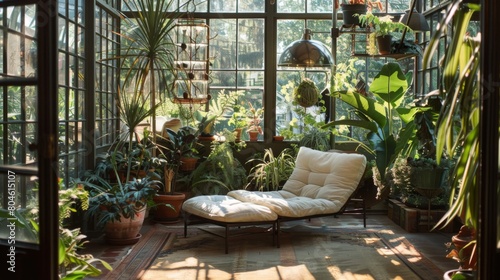 A serene sitting area in a garden room, surrounded by lush greenery and natural light."