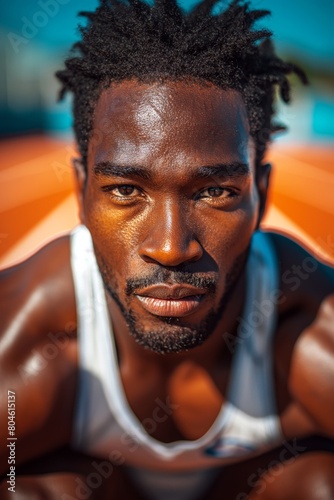 Close-Up Action Shot of Sprinter at Starting Blocks Focused on Explosive Start and Muscle Definition 