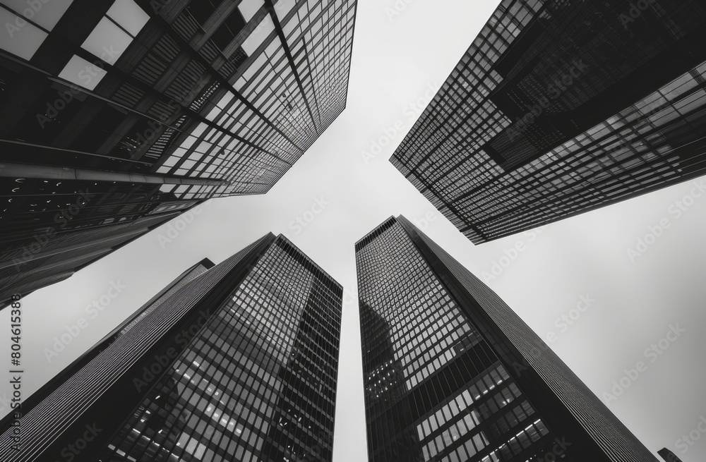 Naklejka premium modern skyscraper buildings in black and white, low angle perspective Generative AI