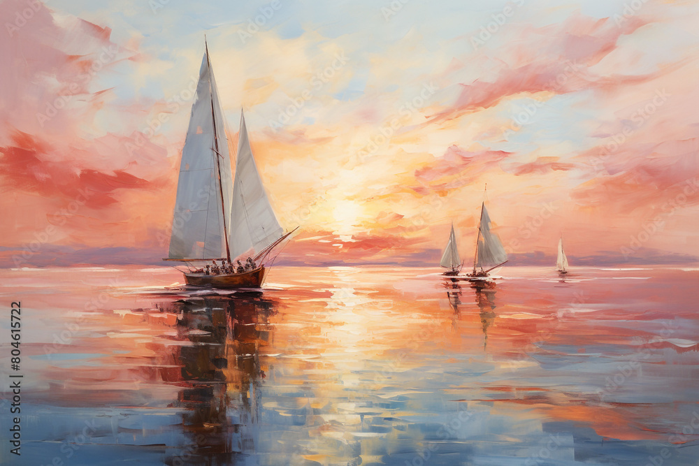 Sailboats gliding across calm waters as the sun sets in the distance, painting the sky with pastel hues, isolated on solid white background.