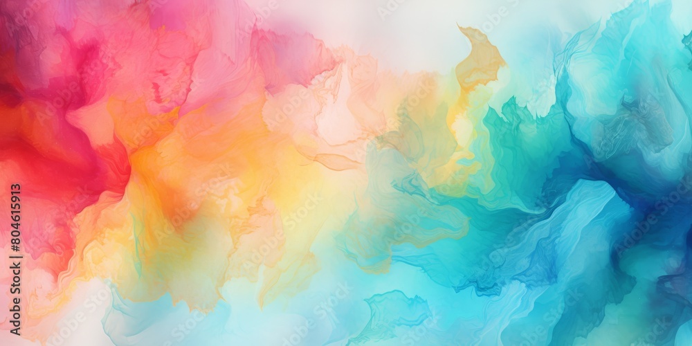 A detailed closeup of a vibrant watercolor painting featuring a rainbow of colors on a white background, evoking a dreamy atmosphere with hints of purple, pink, and blue clouds