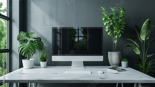 Minimalist home office with sleek white desk and vibrant green plants showcasing a modern and clean design