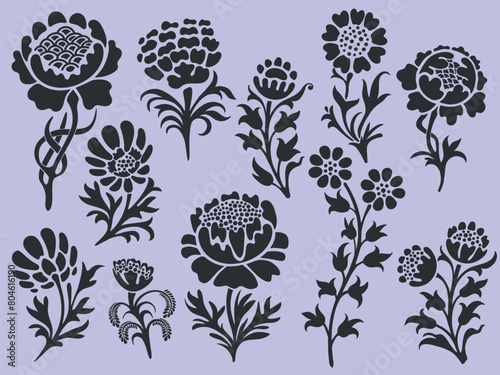 Set of floral elements and silhouettes of flowers, ornamental patterns for using in invitation cards, ornaments, wedding invitations, etc. Art Nouveau style