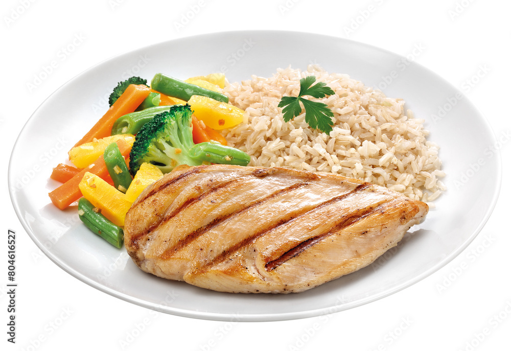 prato com peito de frango grelhado acompanhado de arroz integral e legumes no vapor isolado em fundo transparente prato com peito de frango grelhado acompanhado de arroz integral e legumes no vapor isolado em fundo transparente