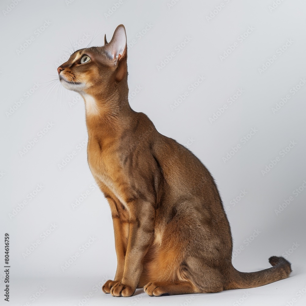 Brown Abyssinian cat elegantly sits on top of a white floor
