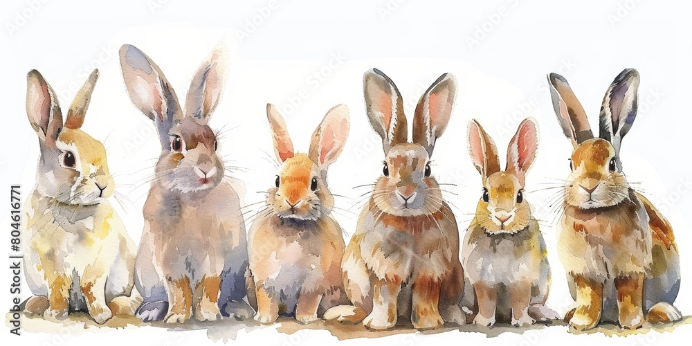 Adorable Rabbits on White Background Watercolor Illustration Generative AI