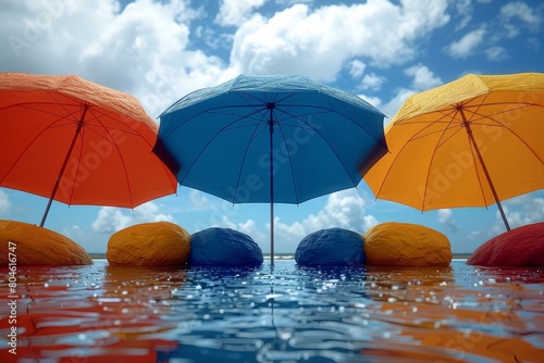 Wallpaper Mural A vibrant image of red, blue, and yellow umbrellas with their reflections on the water's surface, implying protection or coverage Torontodigital.ca