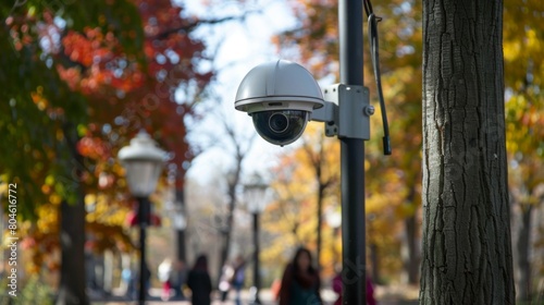 A surveillance camera mounted on a pole overlooking a public park, ensuring visitor safety.