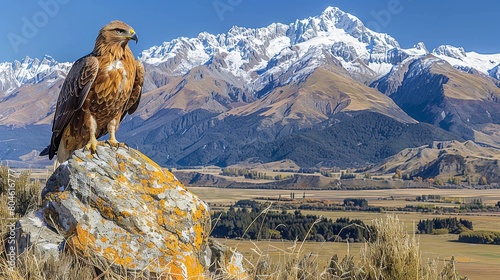 Majestic eagle gazing regally with snow-capped mountains in the background photo