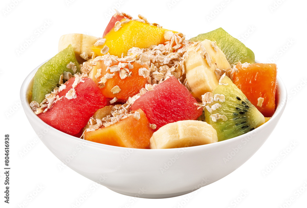 tigela com salada de frutas tropicais com flocos de aveia isolado em fundo transparente tigela com salada de frutas tropicais com flocos de aveia isolado em fundo transparente
