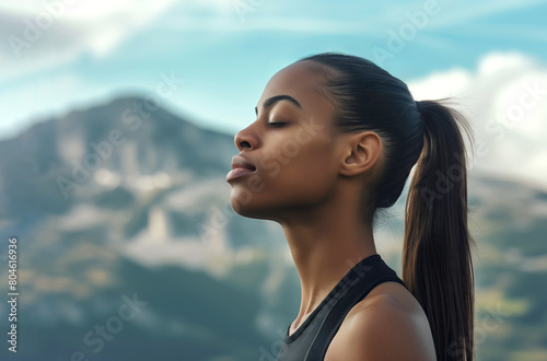 profile of Young Athlete black Woman with eyes closed relaxing after workout with Mountains in background