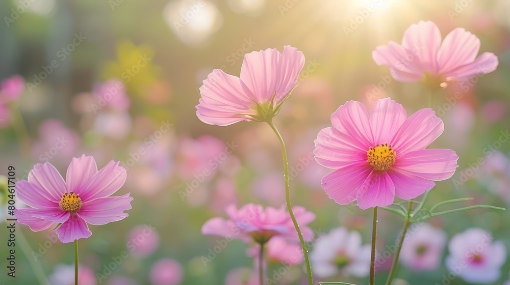 A field filled with pink flowers; sun shining through their tops A field filled with pink flowers; sun shining through their tops