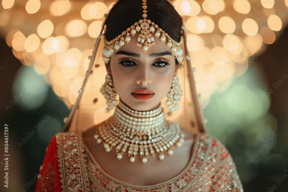 indian bride posing in traditional lehenga and jewelry