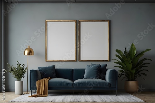 mockup illustration of a modern living room with a blue sofa and two big empty golden frames to place your brand, logo, illustration, drawing or photo. photo