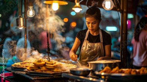 A Thai street vendor skillfully crafting 'Khanom Buang' crispy pancakes with sweet and savory fillings.
