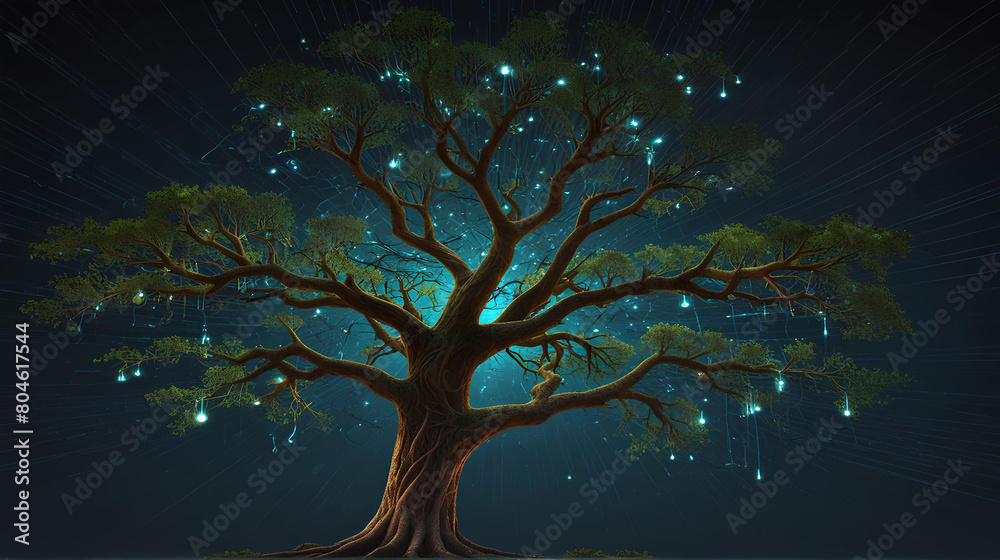 a tree with branches seamlessly integrated into a complex cyber data network, a tree with branches seamlessly integrated into a complex cyber data network,