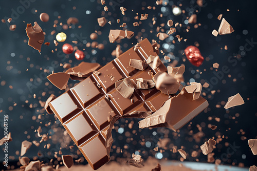 christmas gift box, At the heart of the composition, a chocolate bar explodes into fragments, with rich cocoa chunks and sweet candy pieces photo