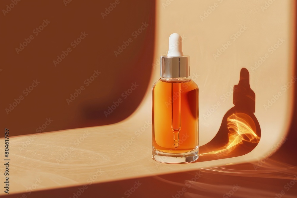 Naklejka premium Glass bottle with white dropper lid with serum on brown background in sunlight. Orange essence in transparent unmarked container. Mockup of cosmetic product for skin care
