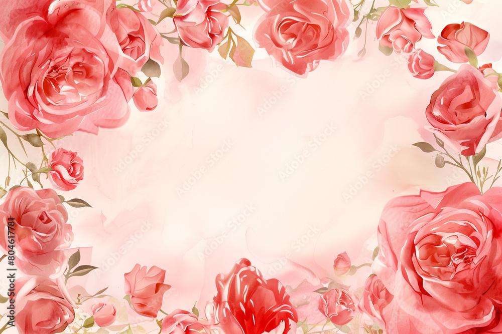 Obraz premium Floral watercolor frame. Roses, geometric accents, and on a white canvas with text space