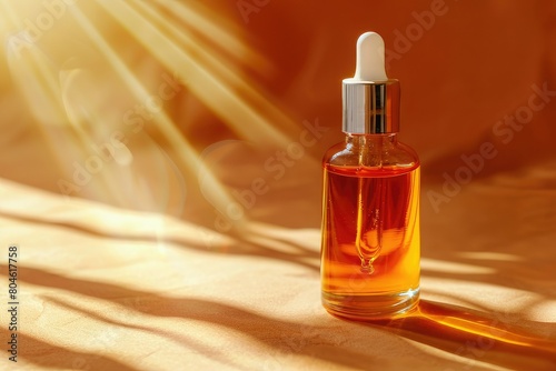 Glass bottle with white dropper lid with serum on brown background in sunlight. Orange essence in transparent unmarked container. Mockup of cosmetic product for skin care