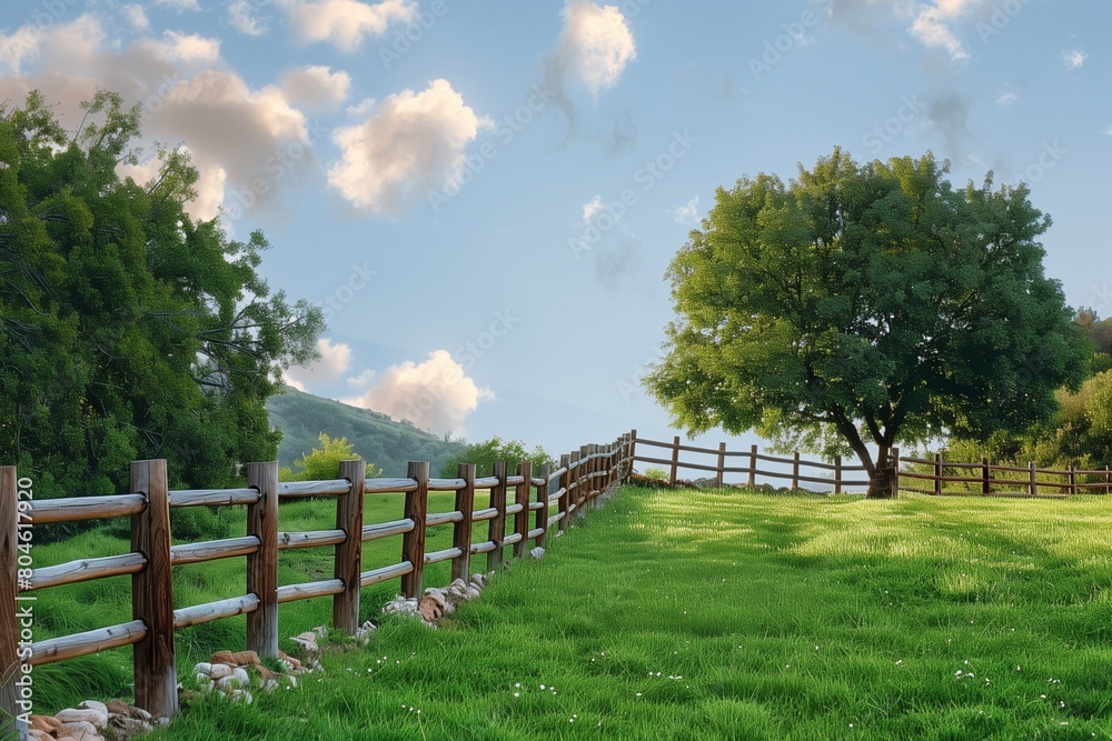 Obraz premium Tree and fence in a beautiful day